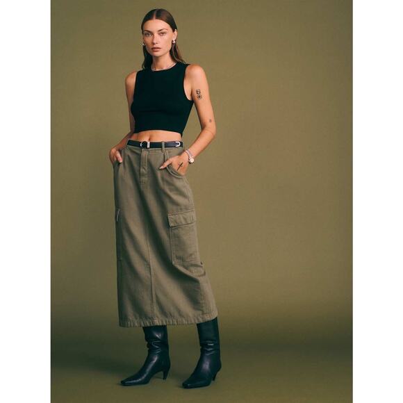 Reformation Army Green 100% Cotton Maggie Cargo Denim Midi Skirt Size 26 - Picture 1 of 8